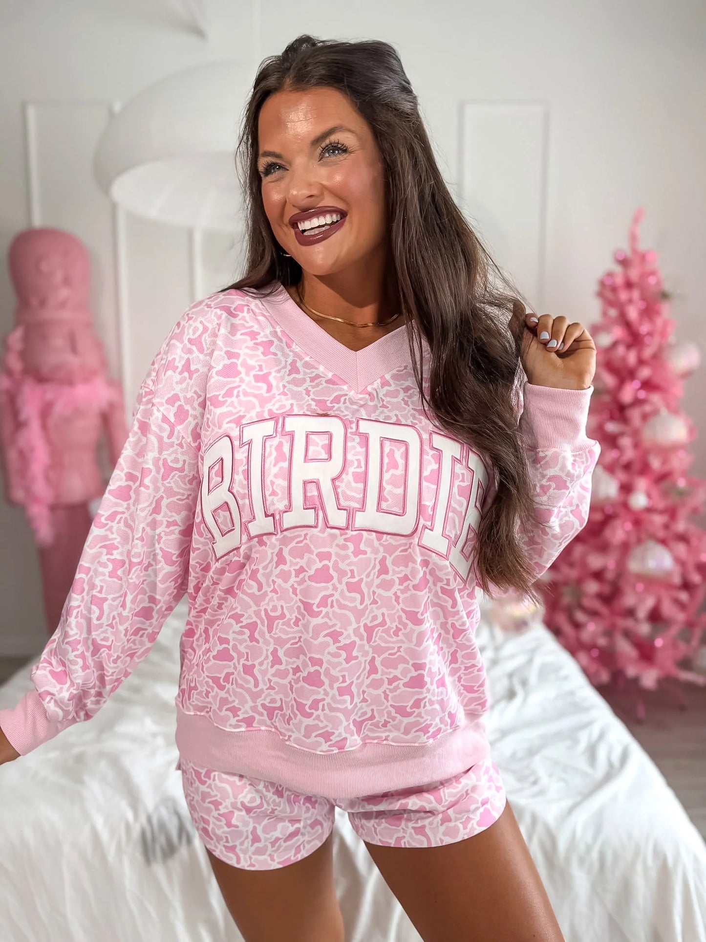BIRDIE PREORDER - V Neck Oversized Sweatshirt in Sugar Bloom Duck Camo