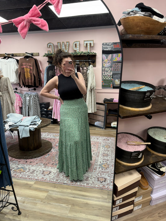 Tiered Maxi Skirt w/Smocked Waist - Green