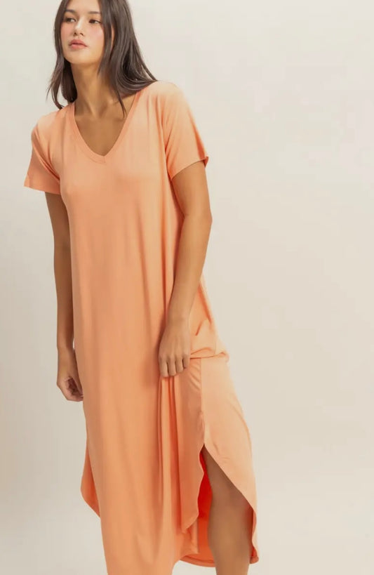 V-Neck Short Sleeve Midi Dress - Peach