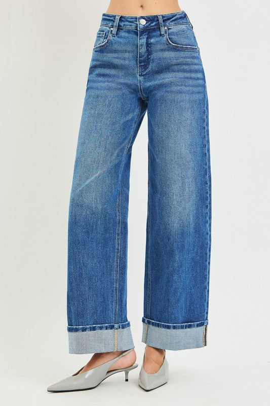 Risen Slouchy  Wide Leg Jeans w/Cuff