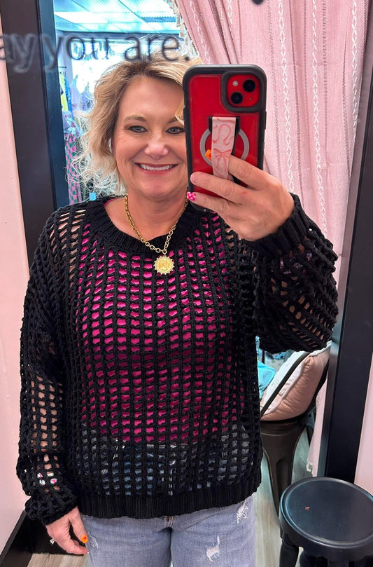 Loose Fit Crochet Sweater - Black