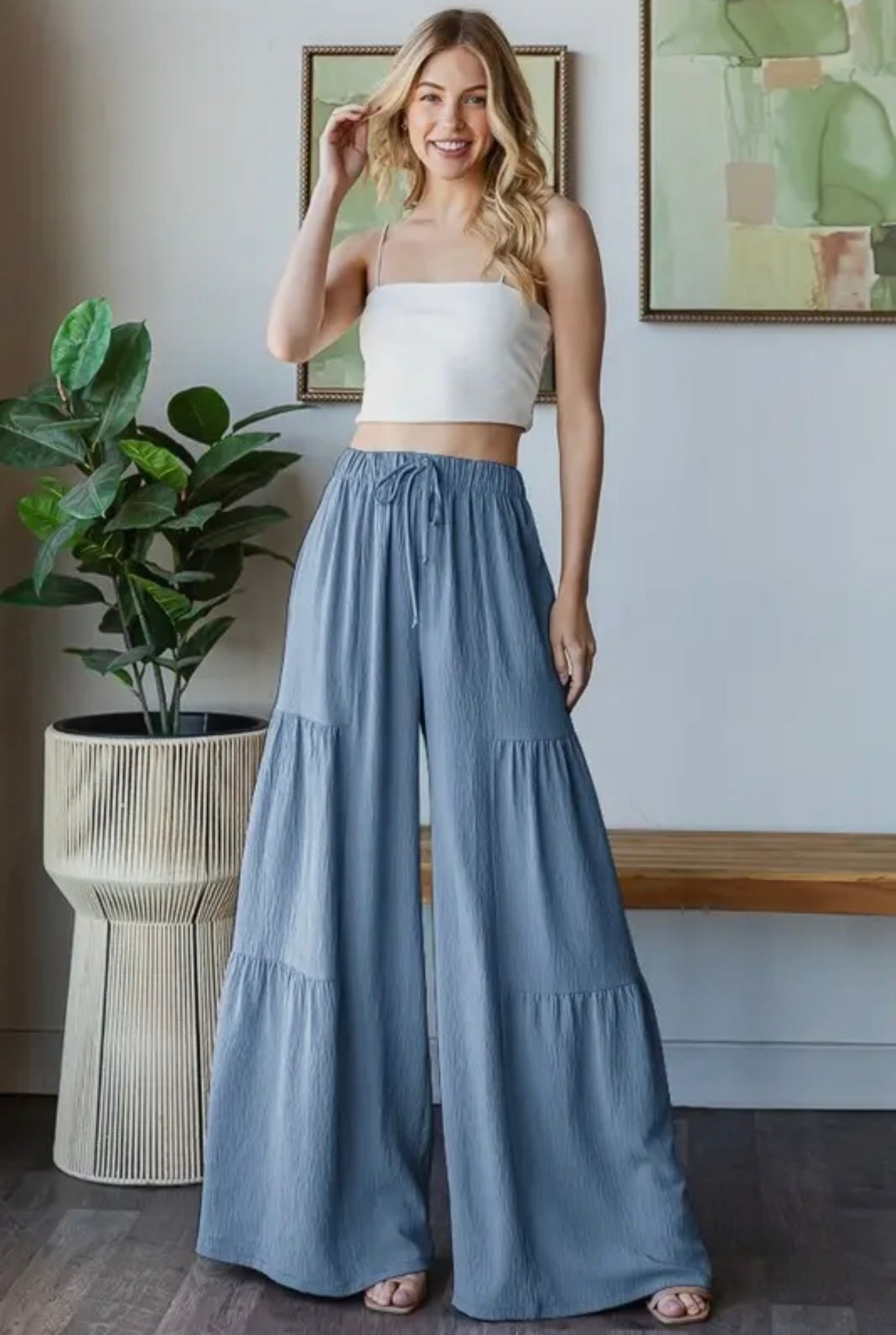 Wide Leg Solid Pants - Denim Vintage