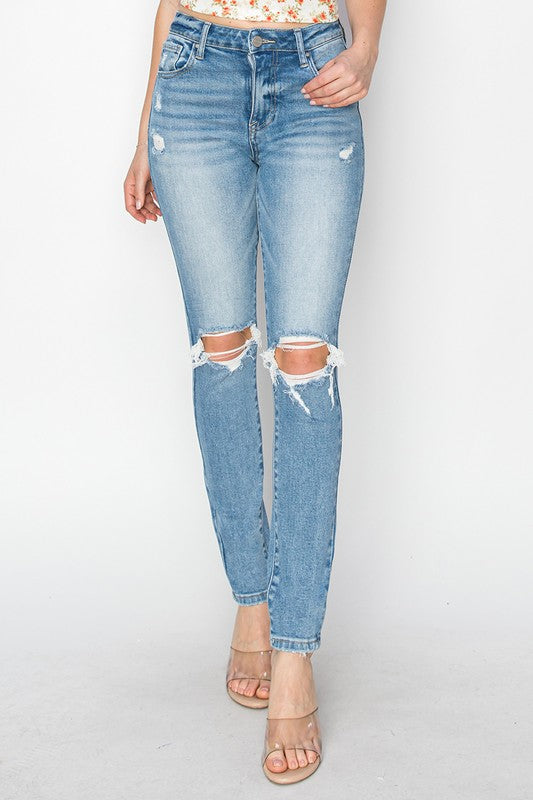 Risen High Rise Skinny Distressed Knee Jeans