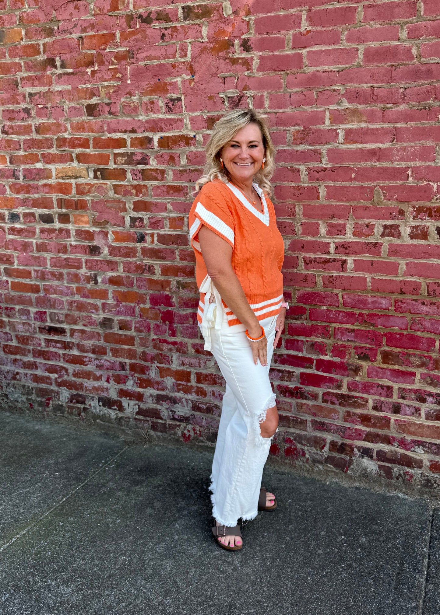 Game Day Cable Knit Varsity Sweater Vest - Orange/White