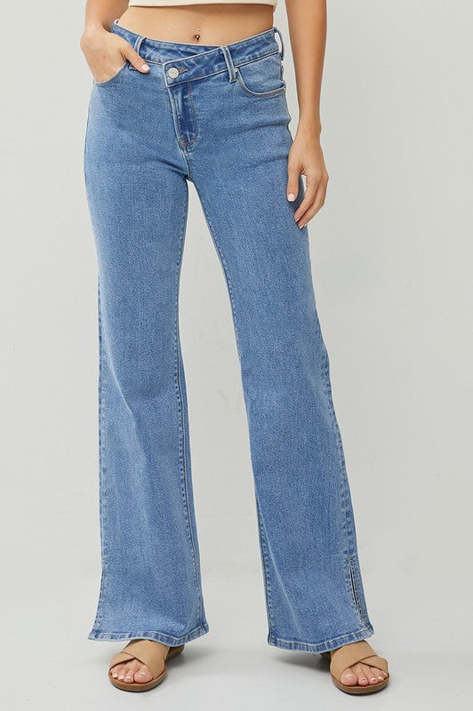 Risen Mid Rise Cross Over Side Slit Jeans