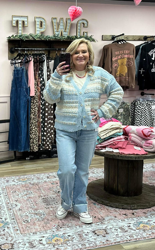Blue Stripe Textured Knit Sweater Cardigan