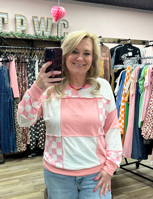 Checkered Print Patchwork Pullover Top