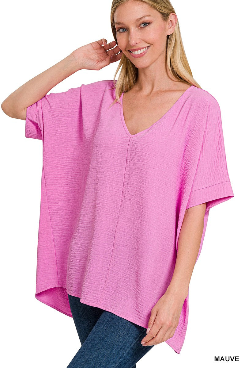 Washed Airflow V-Neck Dolman Short Sleeve Top - Mauve