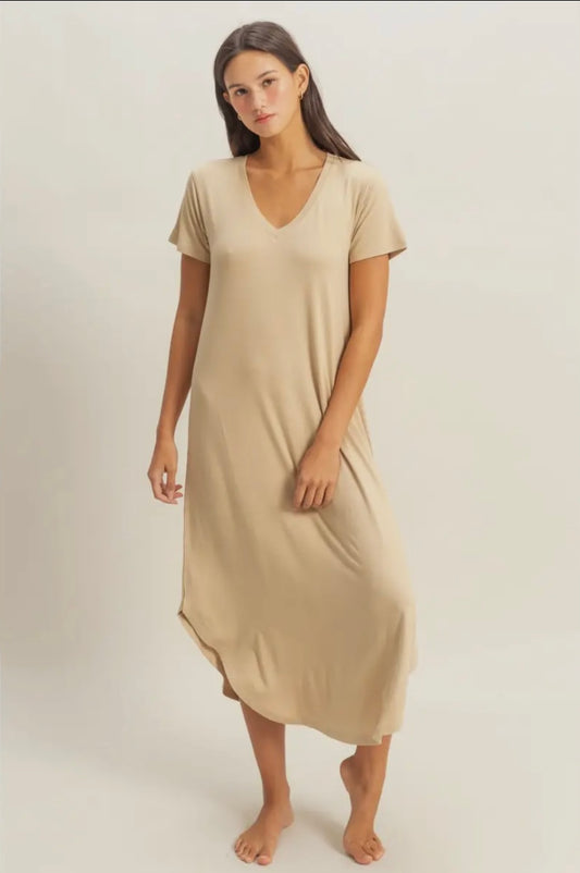 V-Neck Short Sleeve Midi Dress - Cafe Latte
