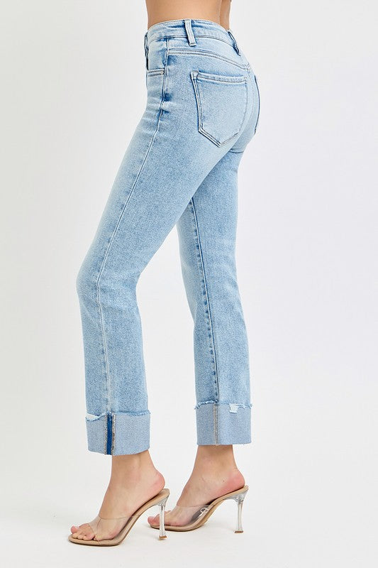 Tummy Control High Rise Straight Cuffed Jeans