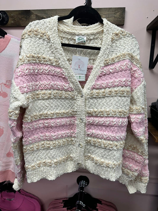 Pink Stripe Textured Knit Sweater Cardigan