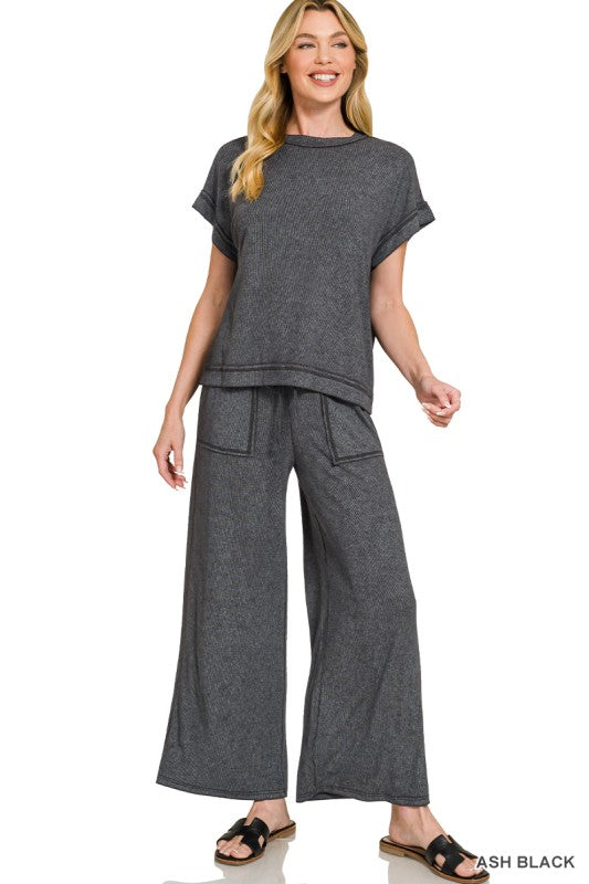 Ribbed Acid Wash Top & Pants Set - Black