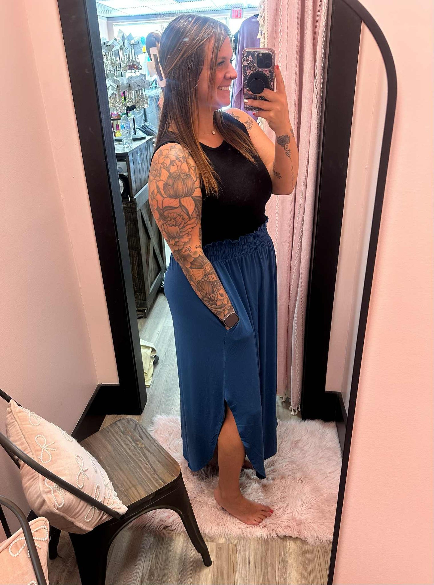 Smocked Waist Side Slit Maxi Skirt - Asst