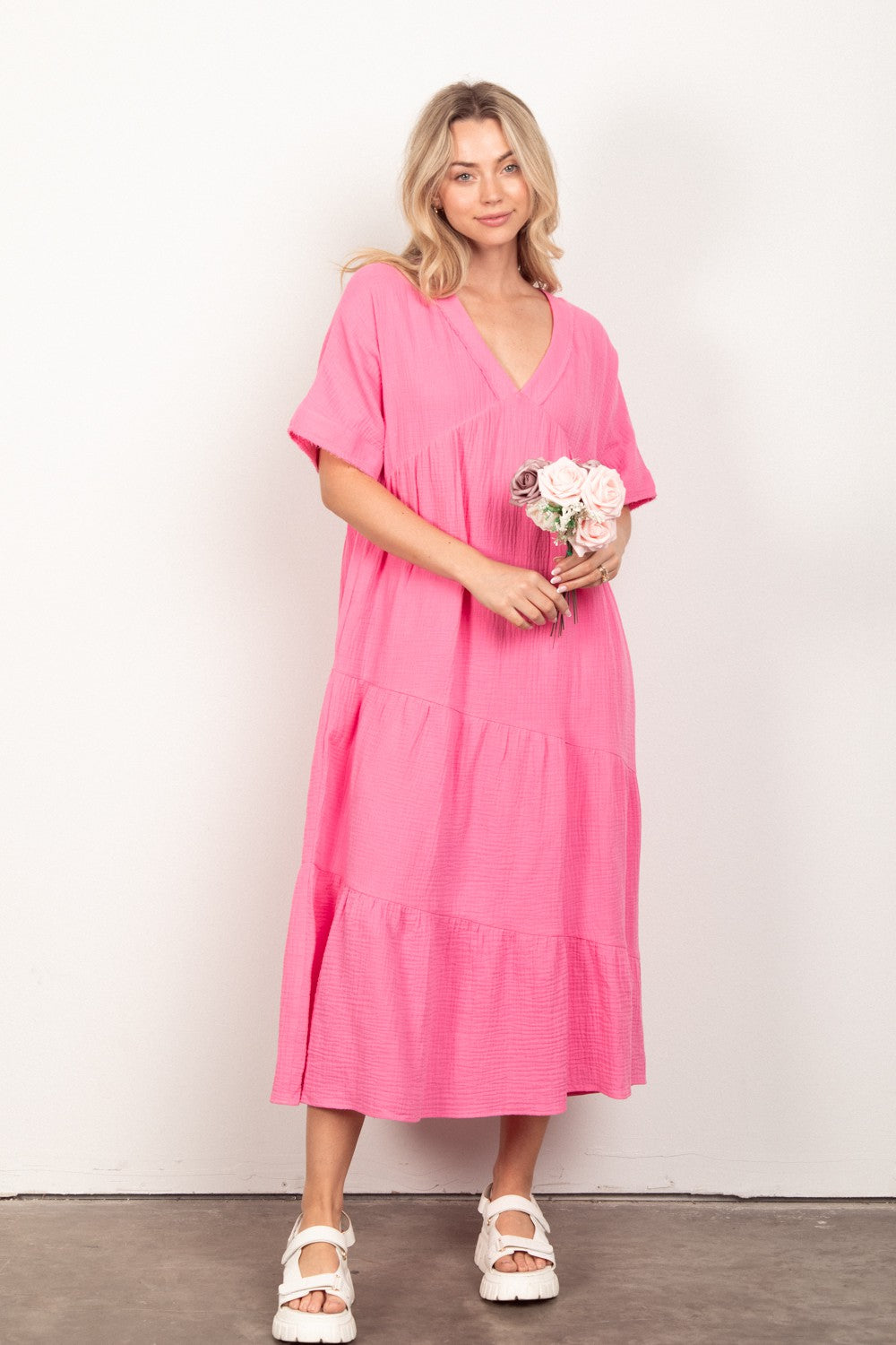 Soft Crinkle Gauze Midi Dress - Pink