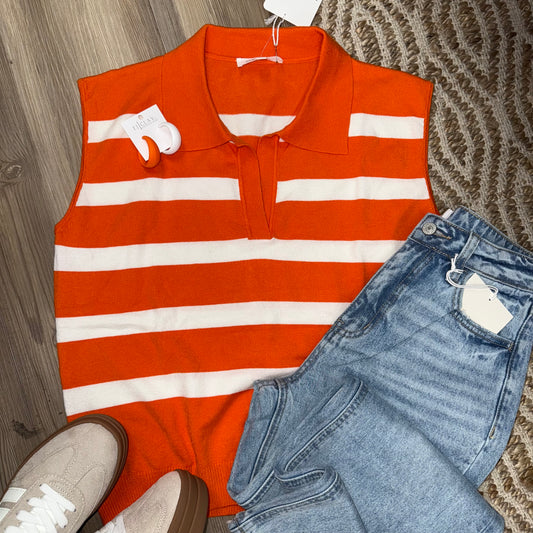 Striped Sleeveless Sweater Top - Orange/White