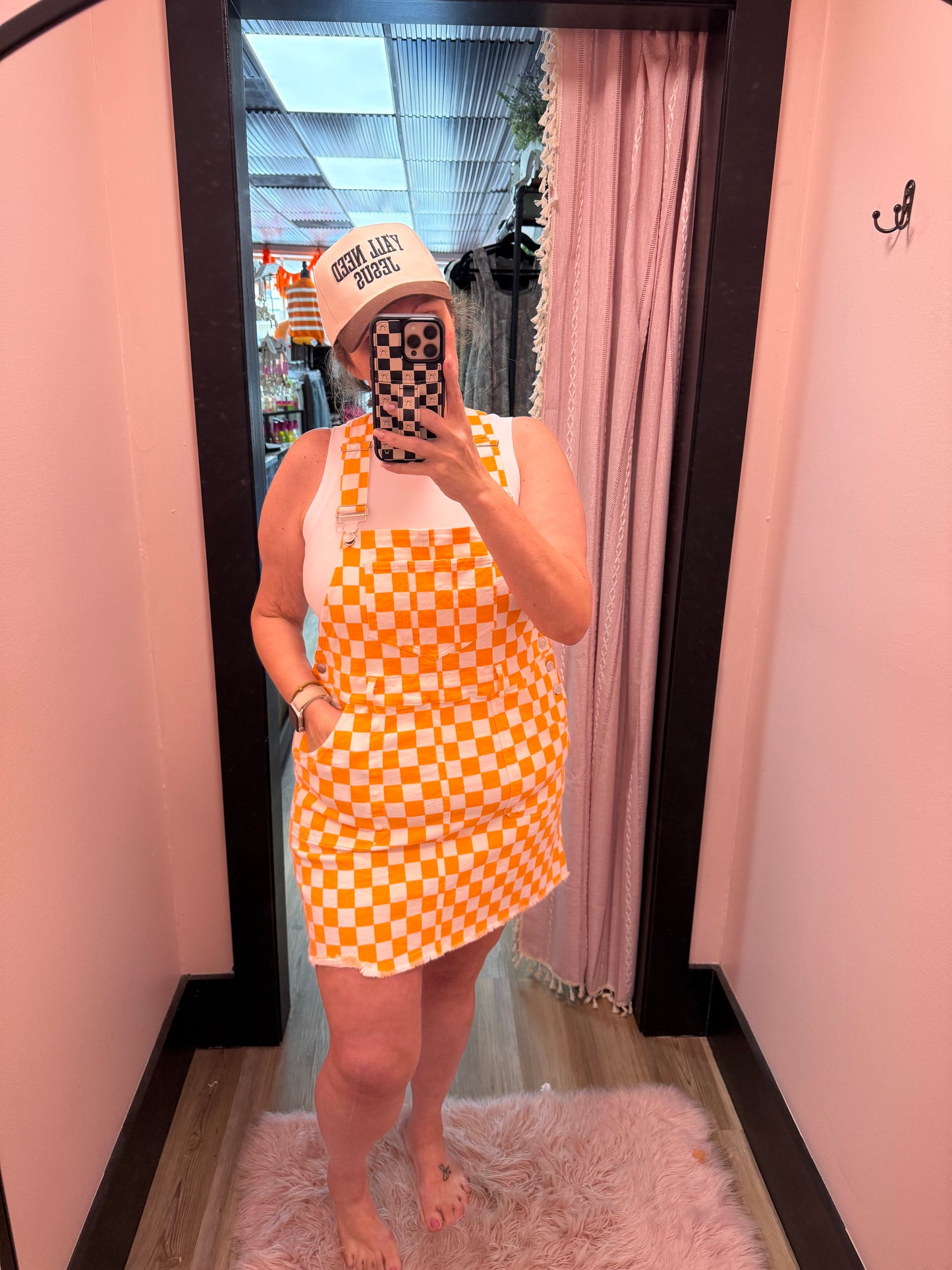 Game Day Checkered Bib Overall Mini Dress