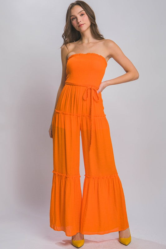 Sleeveless Smocked Ruffle Jumpsuit - Orange