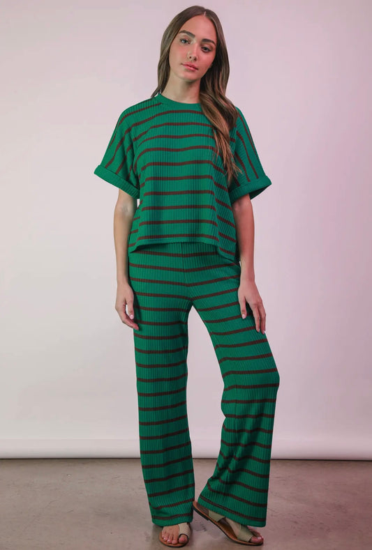 Striped Casual Top & Pants Set - Green