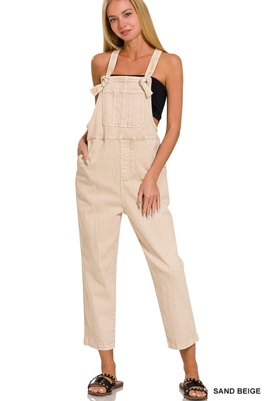 Washed Knot Strap Relaxed Fit Overalls - Sand Beige