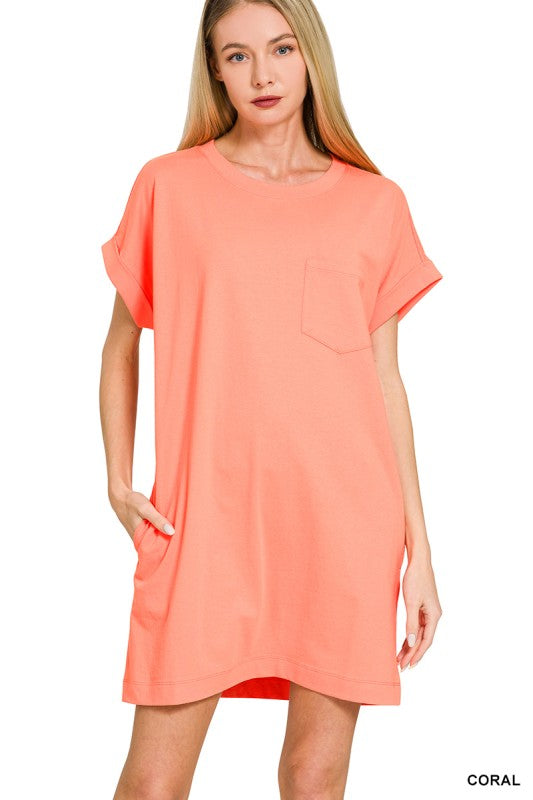 Cotton T-Shirt Dress W/Pockets - Coral