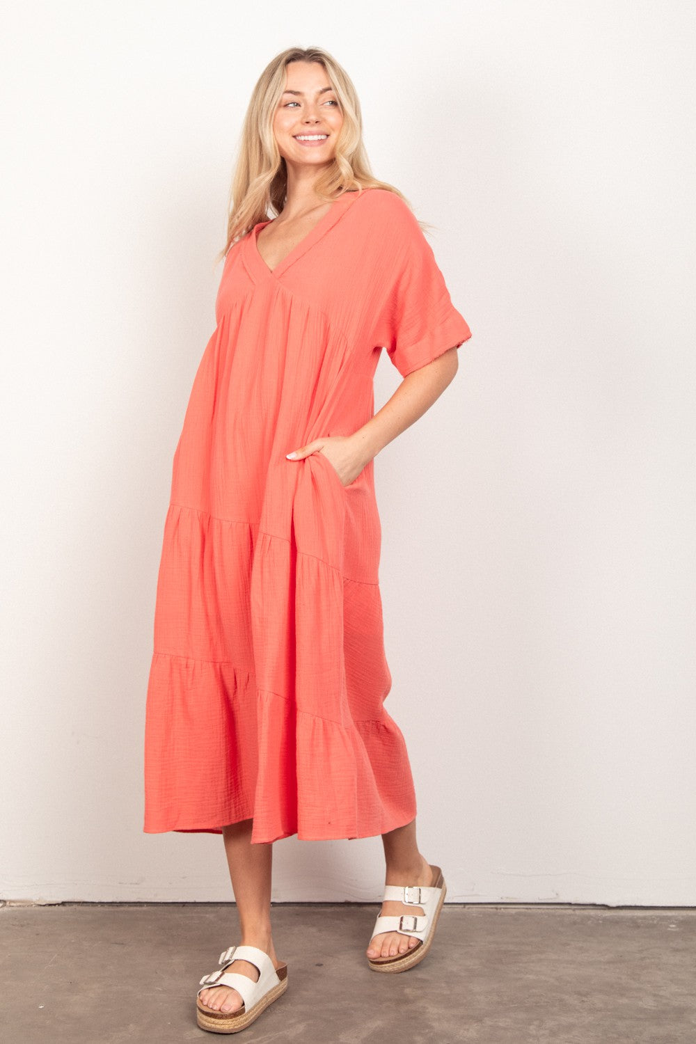 Soft Crinkle Gauze Midi Dress - Apricot