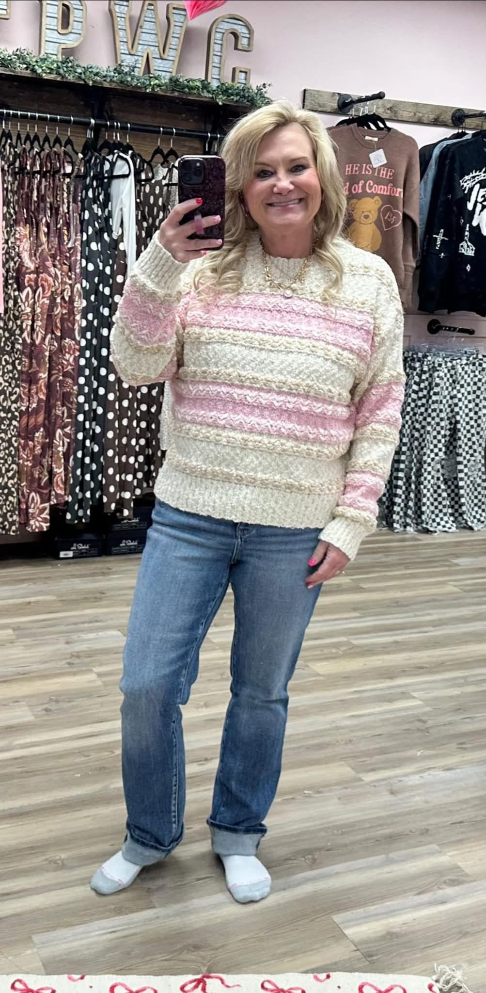 Pink Stripe Fuzzy Knit Sweater
