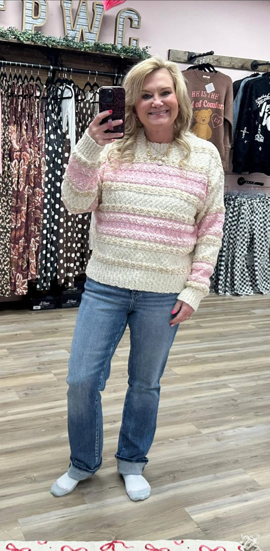 Pink Stripe Fuzzy Knit Sweater