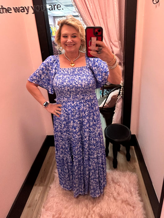 Smocked Floral Square Neck Maxi- Blue