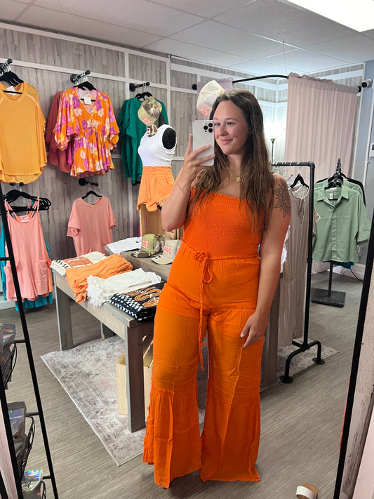 Sleeveless Smocked Ruffle Jumpsuit - Orange