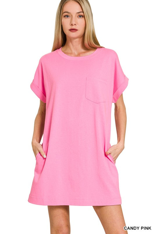 Cotton T-Shirt Dress W/Pockets - Candy Pink