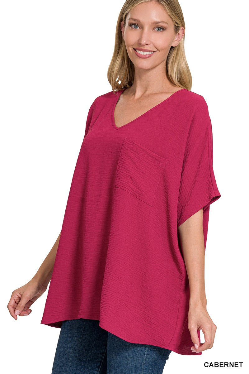 Woven Airflow Dolman Top w/ Front Pocket