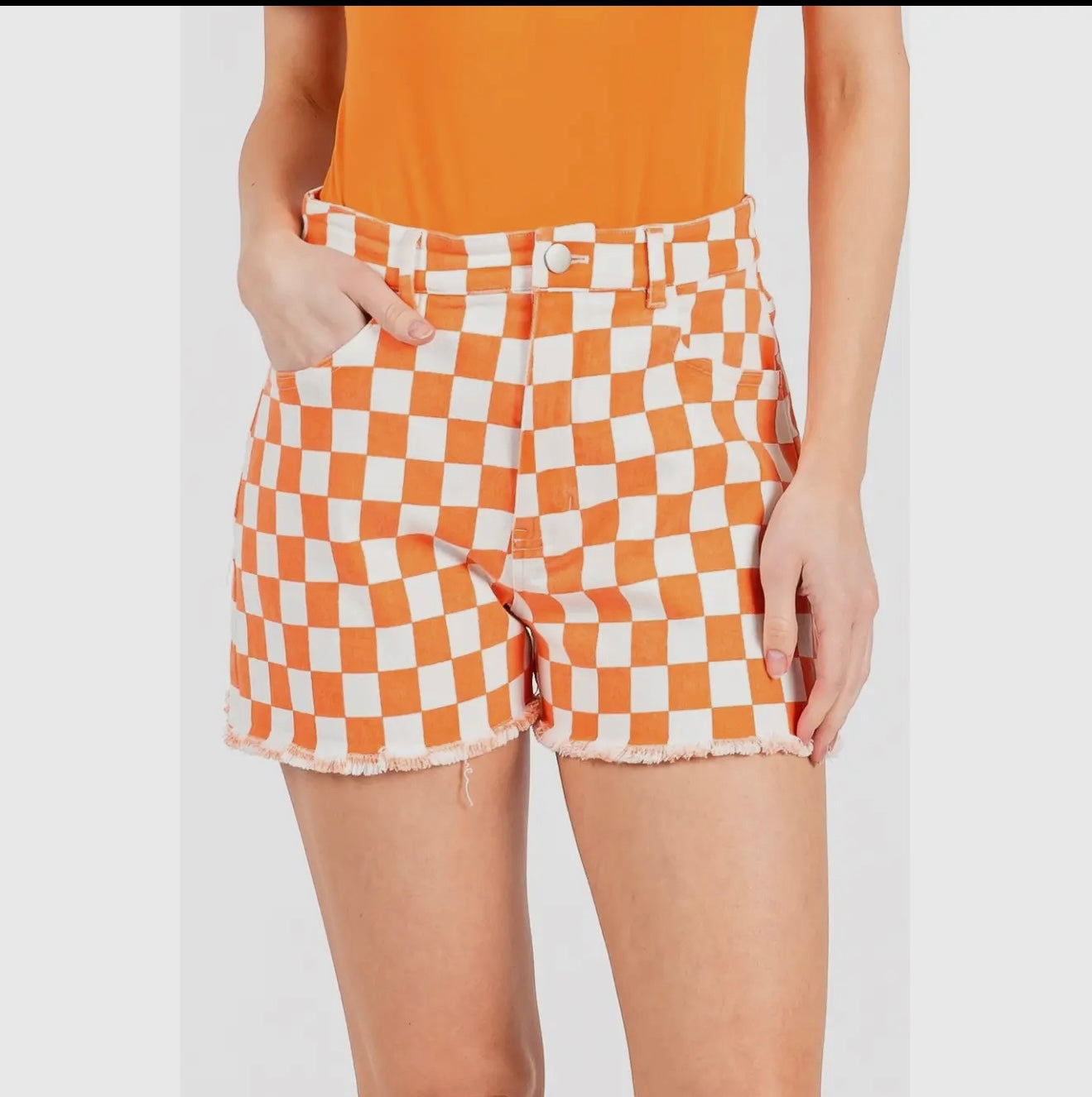 Game Day Checkered Frayed Hem Shorts - Orange