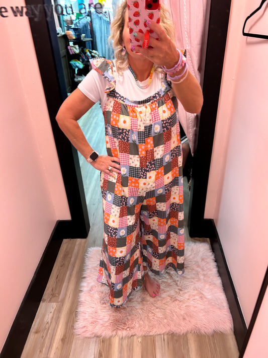 Patchwork Jumpsuit with Ruffle Sleeve