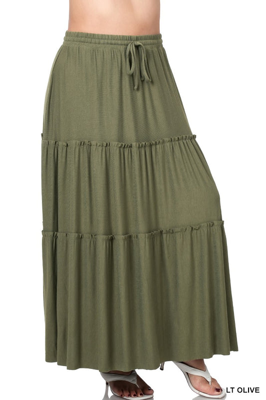 Tiered Ruffle Raw Hem Maxi Skirt - Lt Olive