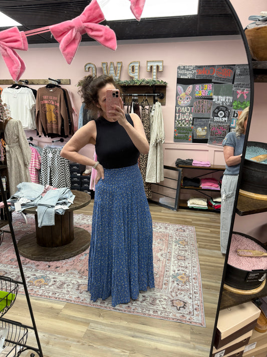 Tiered Maxi Skirt w/Smocked Waist - Blue