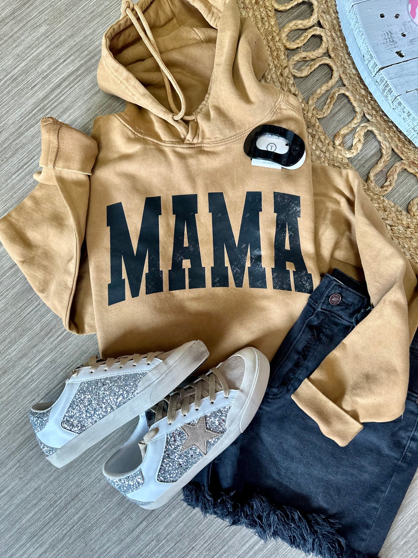 Distressed Varsity Mama Hoodie- Vintage Camel