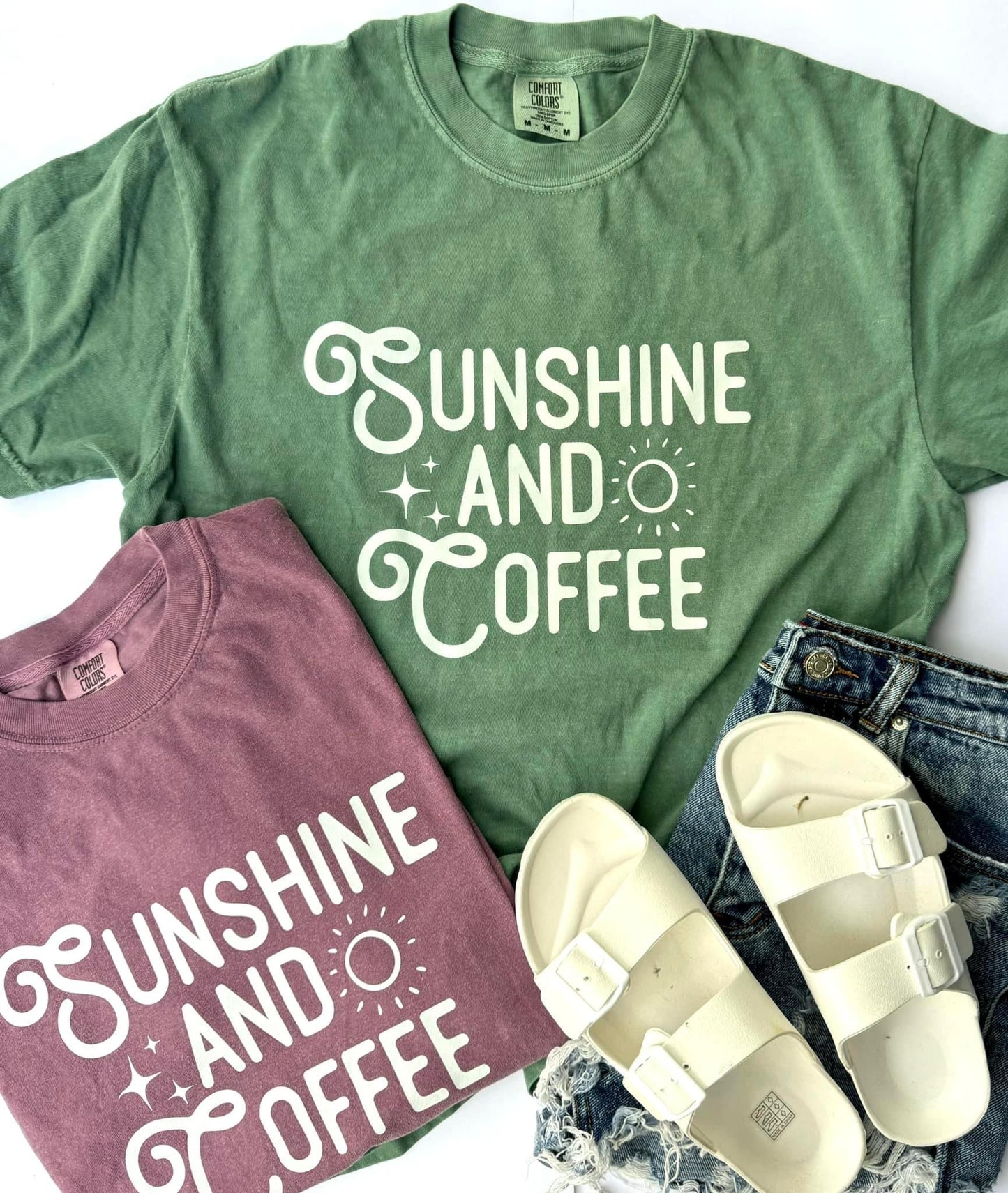 Sunshine and Coffee Comfort Colors Graphic Tee - Lt Green