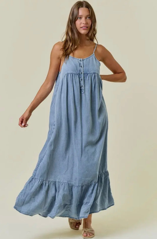 Chambray Tiered Ruffled Skirt Midi Dress