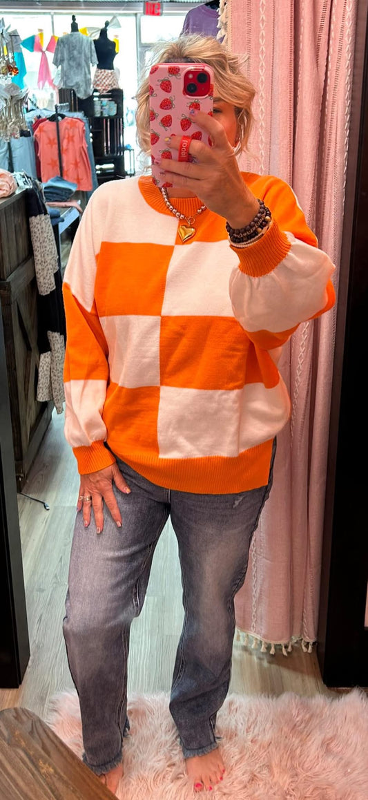 Game Day Checkered Sweater - Orange/White