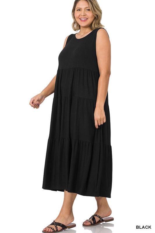 Black Sleeveless Tiered Midi Dress