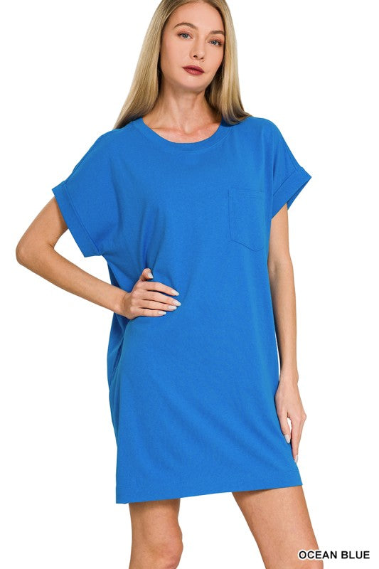 Cotton T-Shirt Dress W/Pockets - Ocean Blue