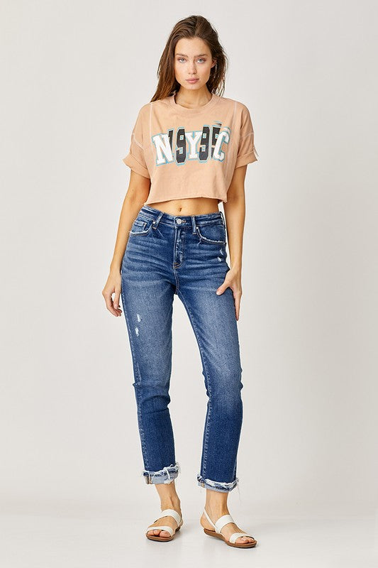 Risen High Rise Cuffed Straight Jeans