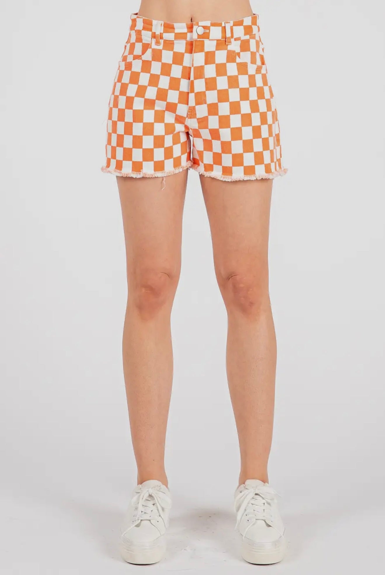 Game Day Checkered Frayed Hem Shorts - Orange