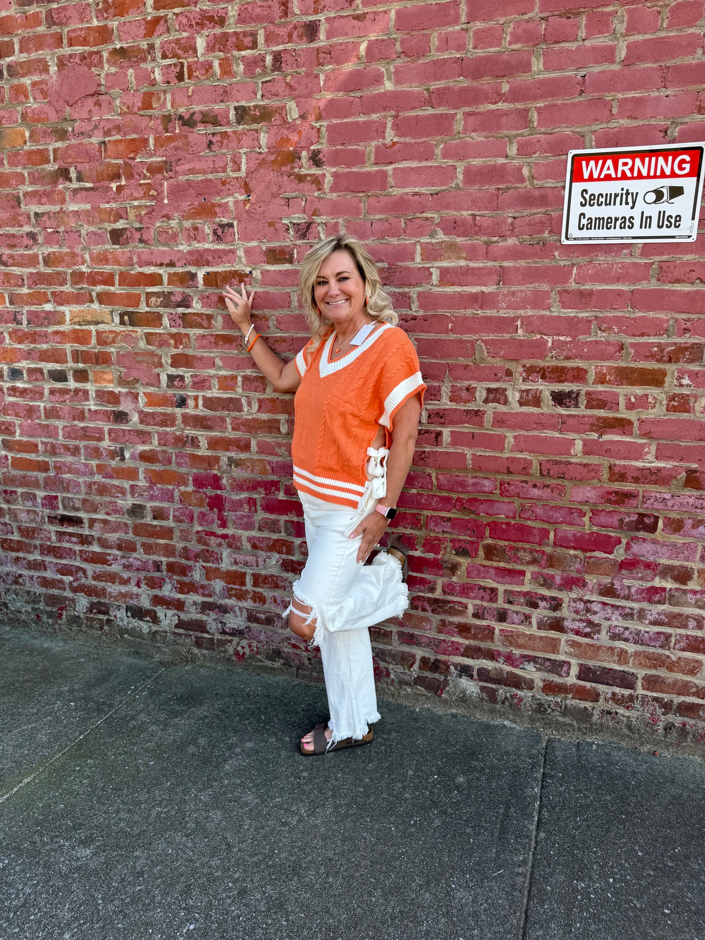 Game Day Cable Knit Varsity Sweater Vest - Orange/White