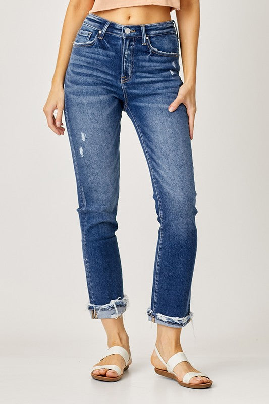 Risen High Rise Cuffed Straight Jeans