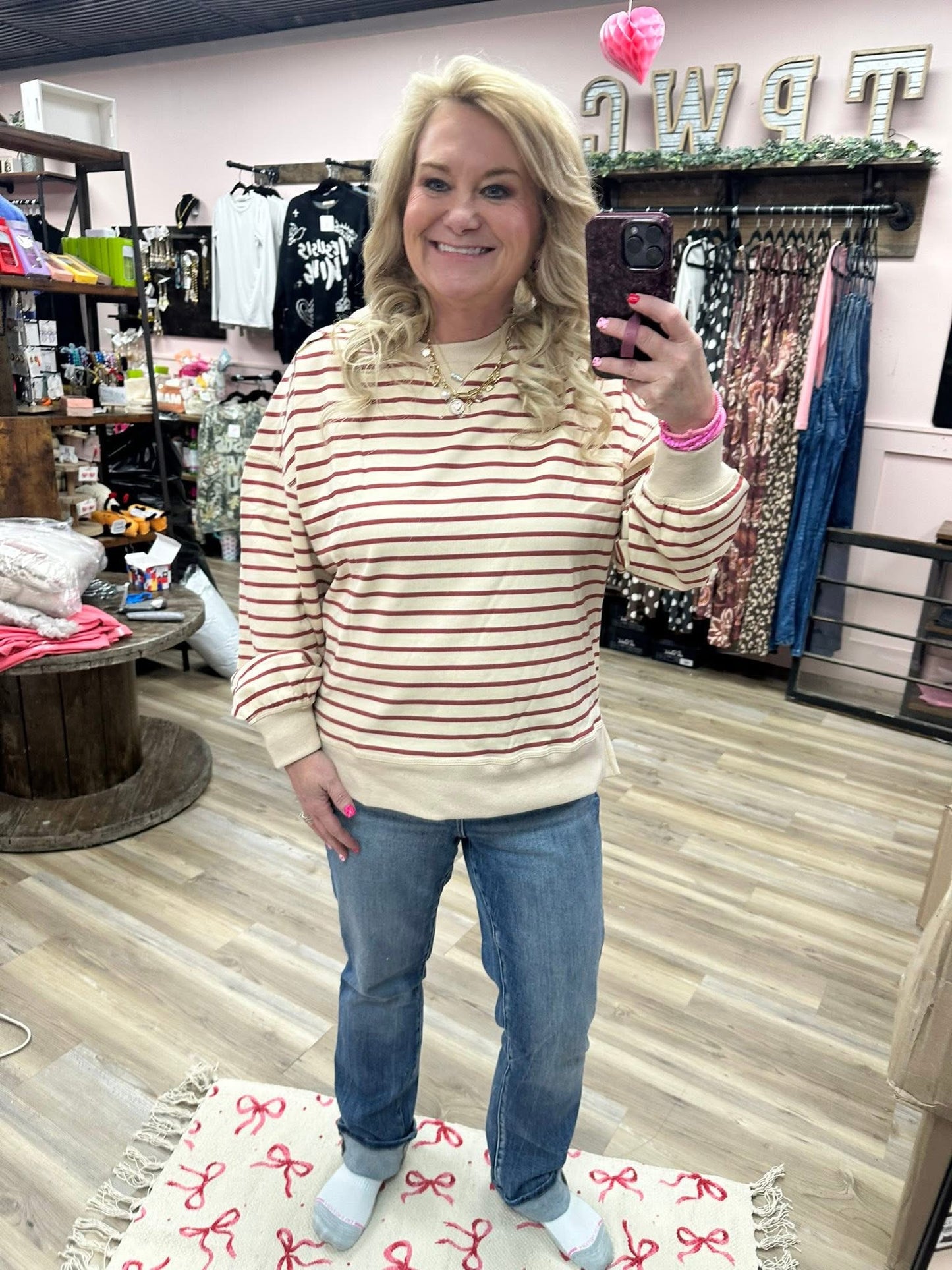 Stripe Comfy Casual Oversized Knit Top - Beige/Brick