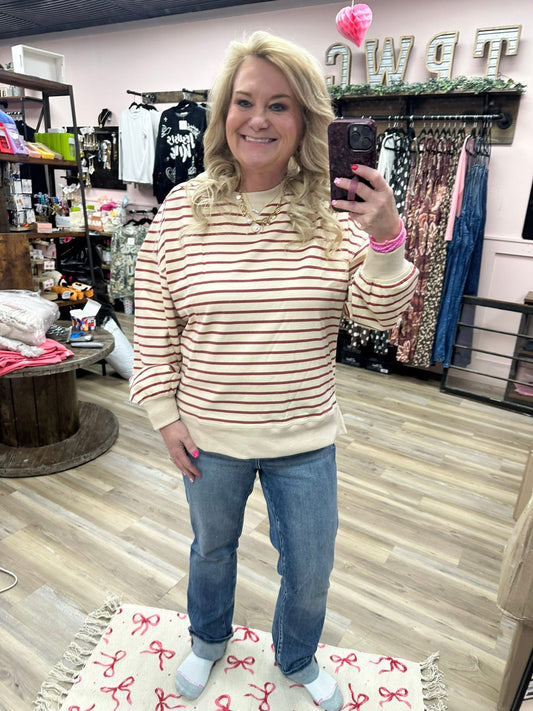 Stripe Comfy Casual Oversized Knit Top - Beige/Brick