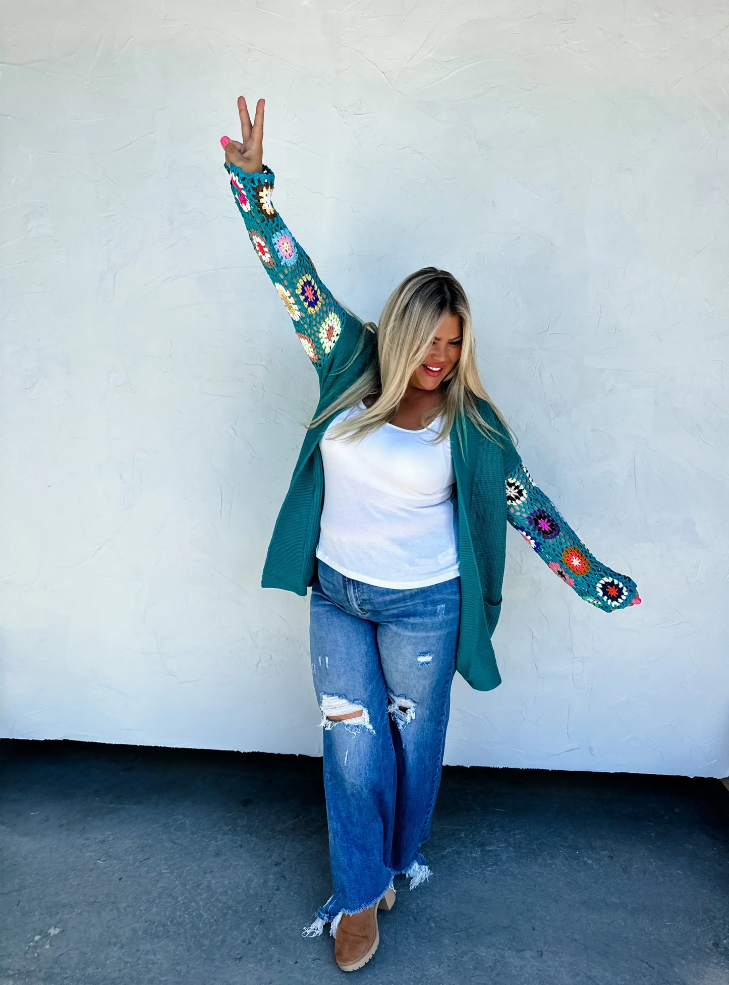 Crochet Sleeve Cardigan - Teal