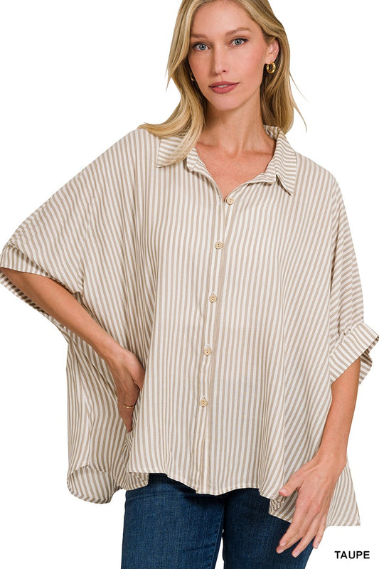 Rayon Striped Short Sleeve Button Up in