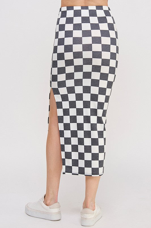 Checkered Midi Pencil Skirt w/ Side Slit